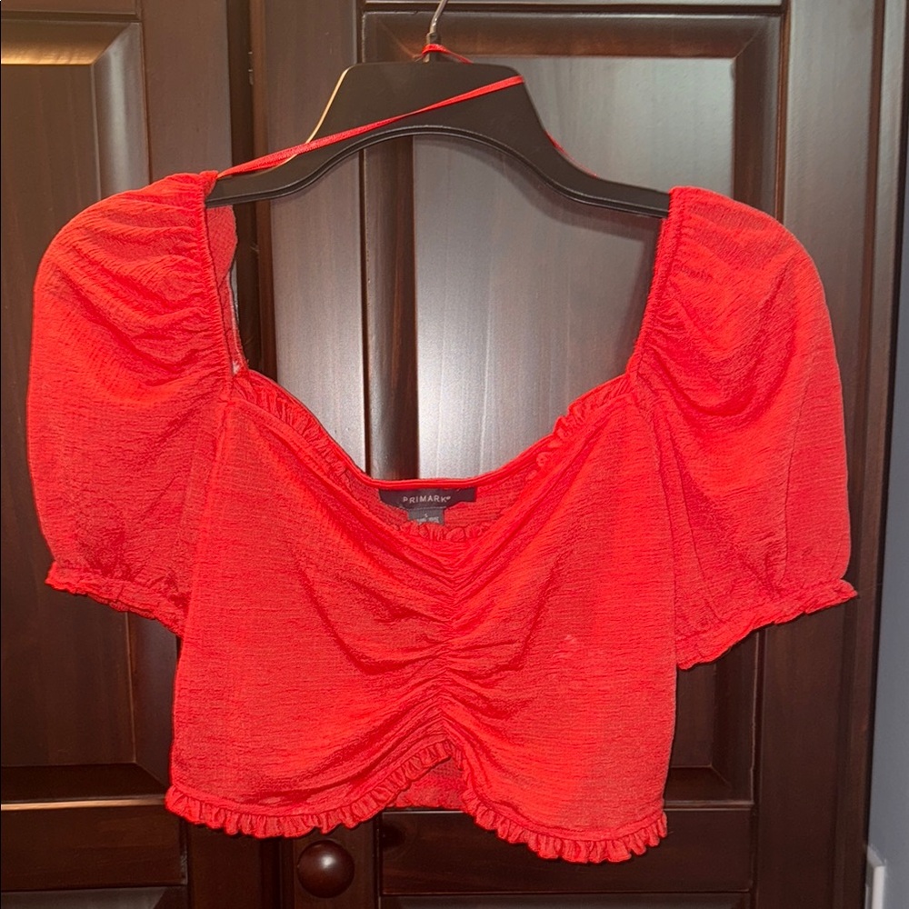Primark Red Puff Sleeve Ruched Crop Blouse
